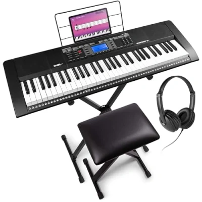 Imagen de MAX Rhapsody61M teclado Piano eléctrico de 61 teclas, con auriculares, soporte para y banqueta, 600 sonidos, respuesta táctil, MP3 USB, pantalla, función aprendizaje, MIDI AUX