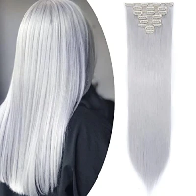Imagen de S noilite Extensiones de Cabello Natural Cabeza Llena Hair Extensions Pedazo 8 Piezas 18 Clips Larga Recta 66cm Gris plata