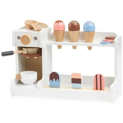 Imagen de mamabrum Heladera de Madera con Cafetera para Niños a Partir 3 Años, Barra Juguetes Accesorios, Juego Roles Barista, Chef, Comida Juguete Helado