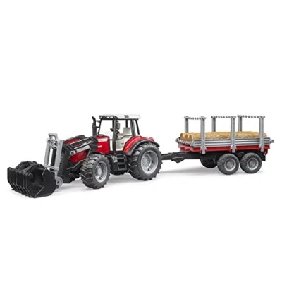 Imagen de bruder 02046 Massey Ferguson 7480 con cargador frontal, remolque de transporte madera, 3 troncos, tractor