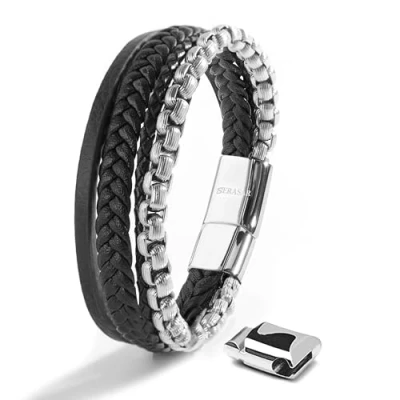 Imagen de SERASAR Pulseras de Cuero Hombre Plata 23cm Plateado Hombres Brazalete Pulso Muñequeras Bisuteria Bisutería Joyeria Nudos Cuerda Cuerdas Leather Bracelet Men Jewellery Unisex Ancha