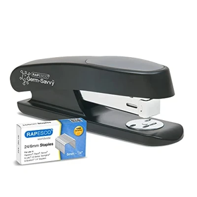 Imagen de Rapesco 1482 Germ Savvy Antibacteriano, ECO Sting Ray Grapadora de Media Carga y Caja 1000 Grapas 24/6 mm, Negro