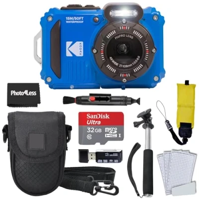 Imagen de Kodak PIXPRO WPZ2 cámara digital resistente al agua, a prueba de golpes, zoom óptico 16 MP, 1080P, video Full HD, LCD 2.7 pulgadas (azul), tarjeta SD 32 GB, funda