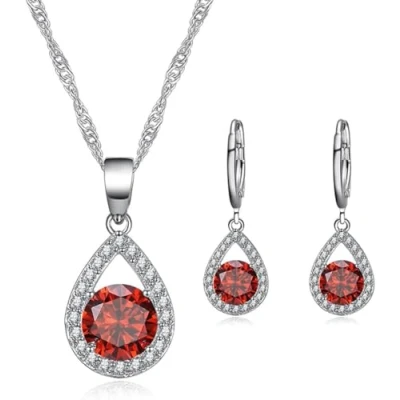 Imagen de TOEECY Cristales Conjuntos de Joyas para Mujer y Niñas Colgante Collar Pendientes Cubic Zirconia Plata chapada 925 Fiesta Boda Nupcial Dama Honor (Rojo)