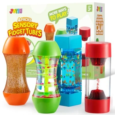 Imagen de JOYIN 4 Tubos antiestrés, Juguetes sensoriales de descompresión Intelectual, Gotas Coloridas y Forma cómoda, recursos Aprendizaje Emocional para niños concentrarse calmar 3+
