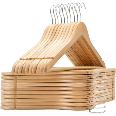 Imagen de edihome, Perchas Madera, Pack de 20, Acabado Liso y Barnizado, para Organizar Ropa, Gancho Giratorio 360, Ranuras Hombros, Madera Maciza (Natural, 20 Unidades)