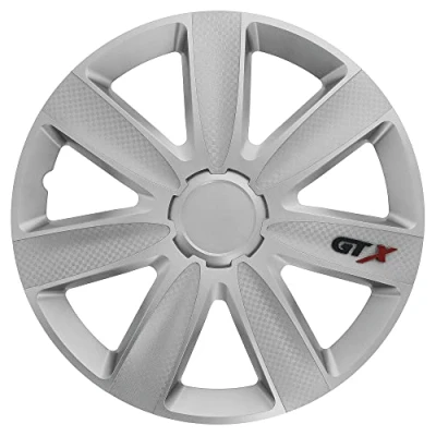 Imagen de Juego de 4 Tapacubos 15 Pulgadas Diseño GTX Carbon Plata, Acabado Cromado y ABS Resistente a Fuertes Impactos, Duradero Fiable con Anillo sujeción Ajustable