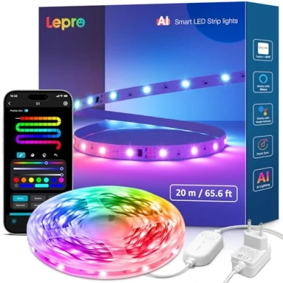 Imagen de Lepro S1 AI Tira LED 20M, Iluminación Generada por LLM, Luces MagicColor, Funciona con Alexa y Google Assistant, Reconocimiento, Sincronización Música, WiFi para Dormitorio, TV, Fiesta