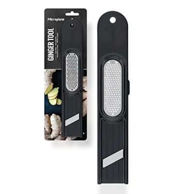 Imagen de Microplane Herramienta de jengibre 3 en 1 cocina para rallar, pelar y cortar rallador acero inoxidable Hoja afilada fina
