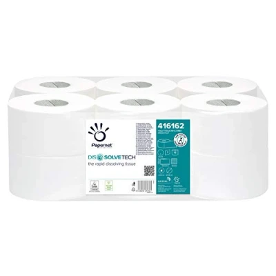 Imagen de Papernet 416162 Mini Jumbo Papel Higiénico Dissolve Tech 12 rollos de 300 mt ideal para lugares alto trafico