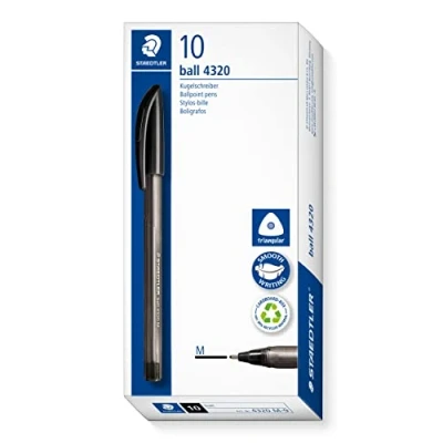Imagen de STAEDTLER Bolígrafo triangular, color de escritura negro, ancho línea M aproximadamente 1,0 mm, para una relajada, 10 bolígrafos negro en estuche cartón, 4320 9