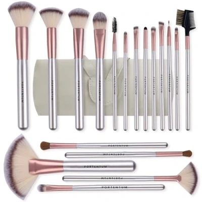 Imagen de PORTENTUM Brochas de Maquillaje Profesional 18 Piezas set Pinceles con Estuche Viaje Mango Madera Cepillo Kabuki Fibra Sintética