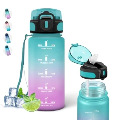 Imagen de Botella Agua, Agua Niños con Pajita, 500ml, Fácil de Limpiar, Reutilizable Marca Tiempo, Cantimplora Infantil a Prueba Fugas, para , Café