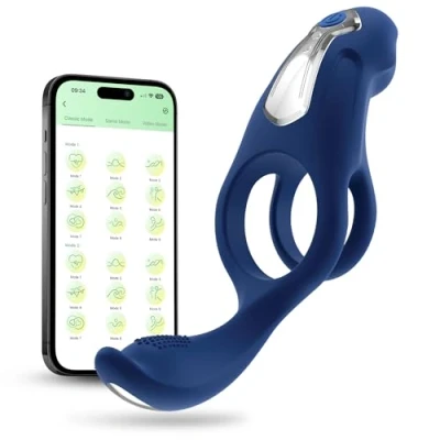 Imagen de Anillo Doble Vibrador de Silicona Controlado por App Ayuda para la Erección Masculina y Juguete el Placer en Pareja, Patrones Vibración Ajustables, Segura, Azul