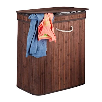 Imagen de Relaxdays Cesto Ropa Sucia Rectangular con 2 Compartimentos, Cubo Colada, Canasta Tapa, Bambú, 95 L, Marrón, Poliéster