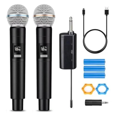 Imagen de HUACAM Micrófono Inalámbrico Profesional Sistema de Dinámico Metal Dual con Receptor Recargable, para PA, Karaoke, Reunión, KTV Casero, Boda, DJ, Fiesta
