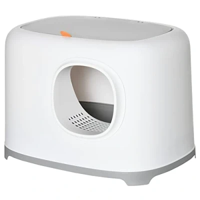 Imagen de PawHut Caja de Arena para Gatos Arenero Cerrado con Techo Abatible Orificio Entrada Bandeja Extraíble y Pala Incluida 55x40x39 cm Blanco