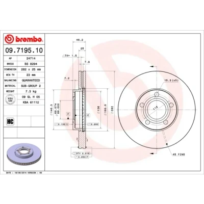 Imagen de BREMBO 09.7195.10 Disco de freno 282 25 5 ventilación interna VOLKSWAGEN: Passat B5 Berlina, Variant