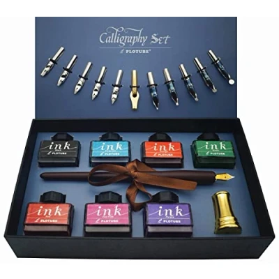 Imagen de IDEAPOOL Set Plumas de Caligrafía, 22 piezas Kit Caligrafia, Incluye 7 Botes Tinta, 12 Plumines, Pluma Madera, Soporte Dorado y introducción