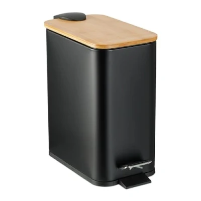 Imagen de Relaxdays Cubo de Basura Baño 5 L, Rectangular, Papelera con Pedal, Tapa Bambú, Bote Interior Extraíble, Metal, Negro, 28,5 x 14,5 27 cm
