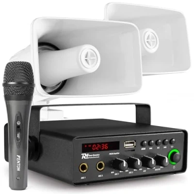 Imagen de Power Dynamics Sistema de Megafonía para Coche PDC30 30W, Altavoces Bocina CH300, Amplificador con Bluetooth, USB y SD, Micrófono Incluido, 12V 230V, Resistente al Agua, IPX6