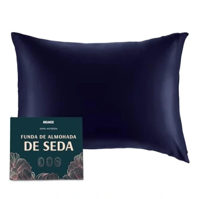 Imagen de Dreamzie Doble Cara 100% 19 mm Funda de Almohada Seda Pura moras para la Salud del Cabello y Piel Funda, con Cremallera Oculta, 1 Pieza, 40x80 cm, Azul Oscuro