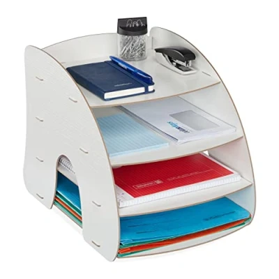 Imagen de Relaxdays Bandeja Documentos MDF para A4, 4 Compartimentos, Organizador Oficina, Color Blanco, Tablero de Fibras, 27 x 25,5 34,5 cm Aprox