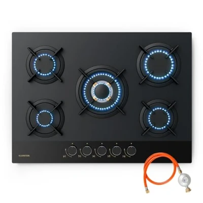 Imagen de Klarstein Goldflame Nano Placa de Gas, 5 Quemadores Latón, 70cm, 10.4kW, Cristal Nanorrevestido, Encendido Automático &amp; Protección Llama, Compatible GN/GLP, Quemador Wok, Mandos Metálicos