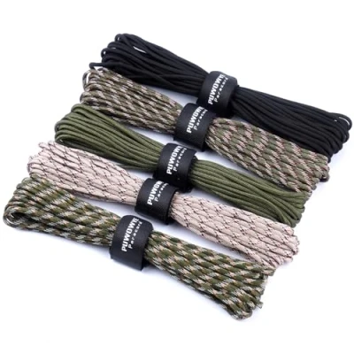 Imagen de PUWOWYE 50 m paracord 4 mm, 5 unidades de 7 hilos cuerda tipo III núcleos, nailon 100% resistente a desgarros, soporta hasta 250 kg, ideal para camping supervivencia