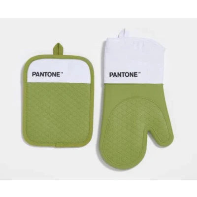 Imagen de Pantone™ Juego de Cocina con Guante Horno + agarrador, algodón Agarre Antideslizante Silicona Accesorios útiles Resistentes al Calor hasta 250 C Blanco/Verde Claro