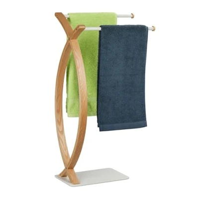 Imagen de Relaxdays Toallero de Pie 2 Barras Escalonadas, Autónomo, Colgador para Toallas, 79,5 x 42 28 cm, Natural y Blanco, Acero