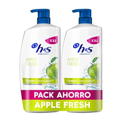 Imagen de H&amp;S Apple Fresh Champú Anticaspa 2x1000ml con Dispensador, Para Uso Diario. Hasta 100% de Protección Anticaspa, Clínicamente Probado. Todo Tipo Pelo y Cuero Cabelludo. Frescor, Aroma a Manzana