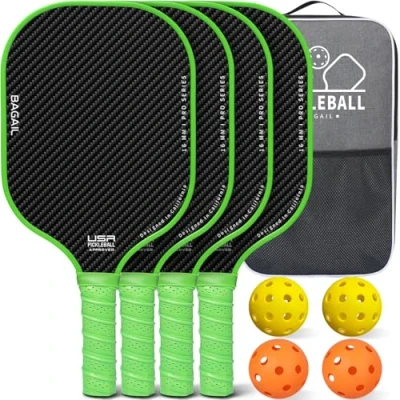 Imagen de BAGAIL Juego de Paletas Pickleball, Raquetas Pickle Ball con 4 Pelotas Ligeras, Alta Absorción Impactos, Ergonómicas, Adecuadas para Juegos Todos los Niveles