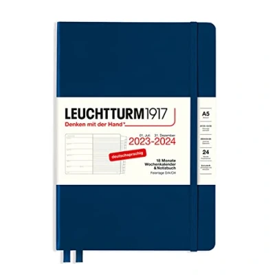 Imagen de LEUCHTTURM1917 367683 Agenda semanal y cuaderno mediano (A5) 2024, con folleto, 18 meses, azul marino, alemán