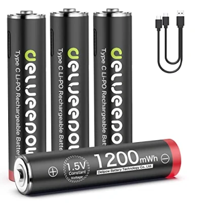 Imagen de Pilas Recargables AAA Delyeepow 1200mWh batería de Recarga con Cargador USB, Cable Carga USB Tipo C, Iones Litio 1,5 V más 1500 ciclos, Paquete 4