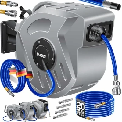 Imagen de MASKO® Enrollador de manguera aire comprimido automática, Conexión 1/4, mangueras, Soporte mangueras montado en la pared, comprimido, gris, 20m