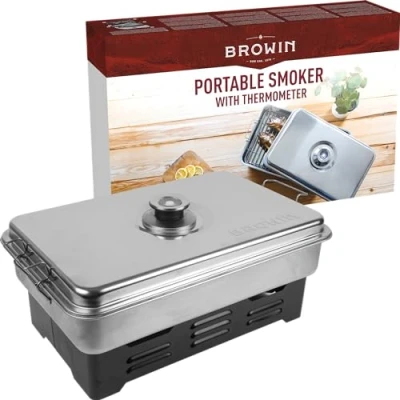 Imagen de BROWIN Juego de horno mesa acero inoxidable con termómetro, para ahumar, barbacoa, pescado y más barbacoa ahumado, accesorios camping