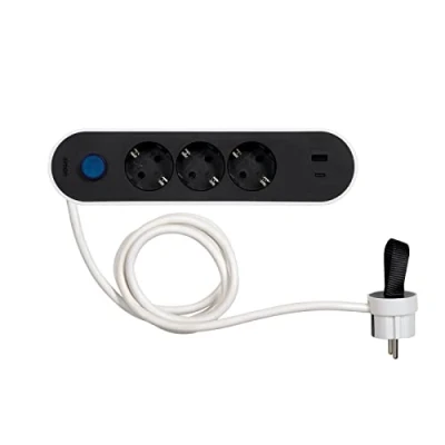 Imagen de SIMON Enchufe Múltiple, Regleta de Plano, Ladrón Enchufes con Interruptor Luz, Ordenacables, 3 Tomas + 2USB, Quickcharge, Cable 1,4 m y Clavija Extraplana Lateral, Color Blanco Negro