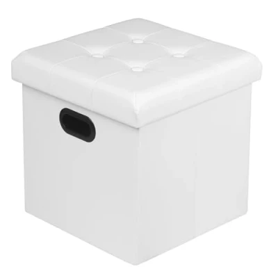 Imagen de WOLTU Taburete Cubo con Caja de Almacenamiento Cofres Plegable, Tapa Extraíble, Asas, Asiento Acolchado Imitación Cuero, 37.5 * 38CM, Blanco,SH15ws