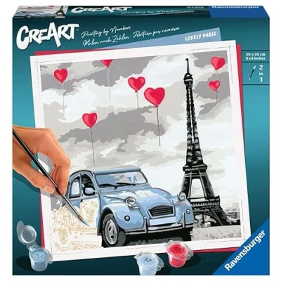 Imagen de Ravensburger CreArt París, Kit para Pintar por Números, Contiene una Tabla Preimpresa 20x20 cm, Pincel, Colores y Accesorios, Juego Creativo Relajante Adultos 14+ Años