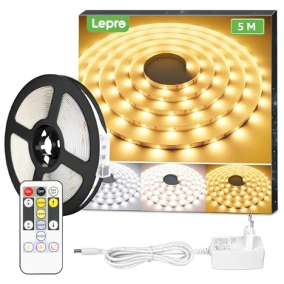 Imagen de Lepro Tira LED 5 Metros, Luz Regulable Blanca Cálida a Fría 300 LEDs, 1000LM, Luces Habitación 12V para Decoración de Fiesta Navideña con Fuente Alimentación y Controlador