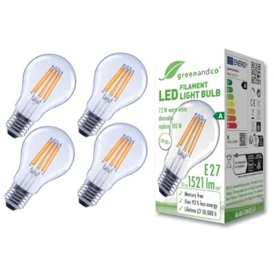 Imagen de greenandco 4x bombilla de filamento LED transparente regulable E27 A60 7,2W 1521lm sustituye A 100W 3000K blanco cálido 320 230V sin parpadeo clase energética