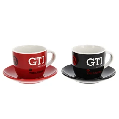 Imagen de BRISA VW Collection Juego de 2 tazas cerámica para espresso/café GTI Volkswagen con platillos (100 ml/The Legend/Rojo y Negro)