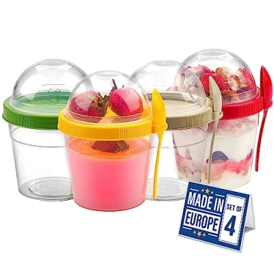 Imagen de CRYSTALIA Porta Yogurt y Cereales, 4PZs, 500ml 100% SIN BPA Vaso Bote Fruta con Tapas, Envases Comida para Llevar Muesli Avena Papilla, Desayuno To Go, Vasos Yogur