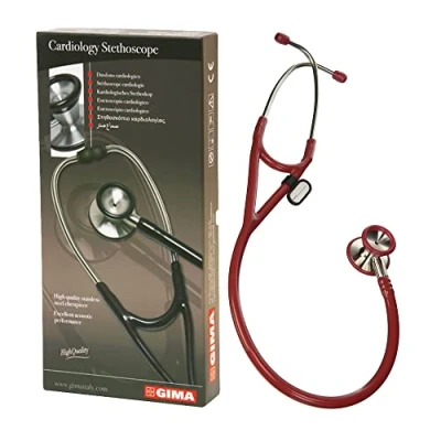Imagen de Gima Estetoscopio clásico de cardiología con cabezal acero inoxidable, campana en forma cono para bajas frecuencias, membrana alta sensibilidad amplificar sonidos, Lira Bordeaux, 32551