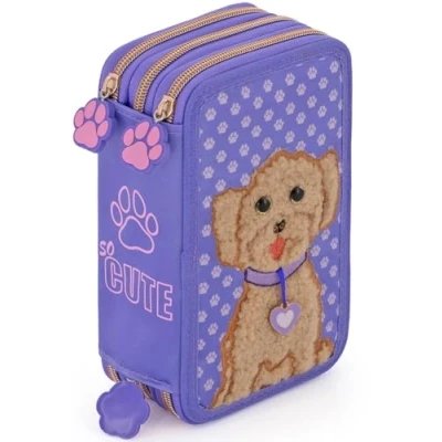 Imagen de Julian Ross Estuche triple relleno para niños, 45 accesorios escolares primarios, 3 cremalleras, compartimentos organizados, ceras, rotuladores, pegamento, tijeras, Puppy Love, Portalápices