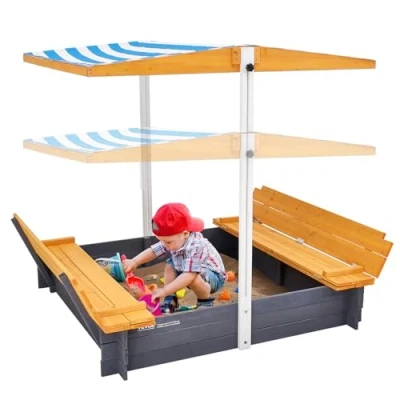 Imagen de VEVOR Caja de Arena Madera con Dosel, 145,5 x 120 cm, Arenero Bancos Plegables y Revestimiento Inferior para Niños 3 a 12 Años Exteriores, Patio, Playa, Parque