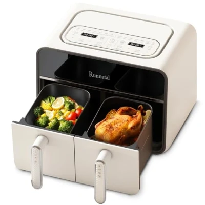Imagen de Runnatal Freidora de Aire con Compartimento doble, sin Aceite 8L Caliente 2100W, Pantalla Táctil LED, Cesta Antiadherente, 14 Funciones Diferentes en 1