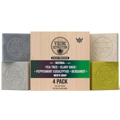 Imagen de Viking Revolution Natural Soap for Men Mens Bar with Essential Oils Cold Pressed Nourishing Tea Tree, Clary Sage, Peppermint Eucalyptus, Bergamot (4 Pack)