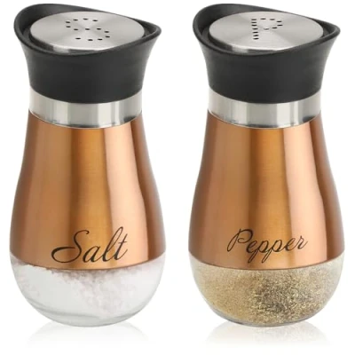 Imagen de COM FOUR® Juego de salero y pimentero 2 piezas Acero Inoxidable Vidrio Recipiente para Especias con Etiqueta Coctelera en la Cocina (Juego color cobre)